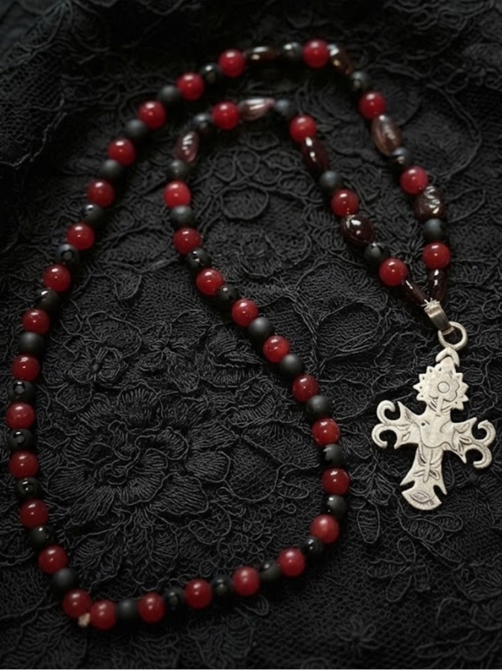 Dove Cross Necklace (garnet, red jade and black matte Tibetan gemstone)